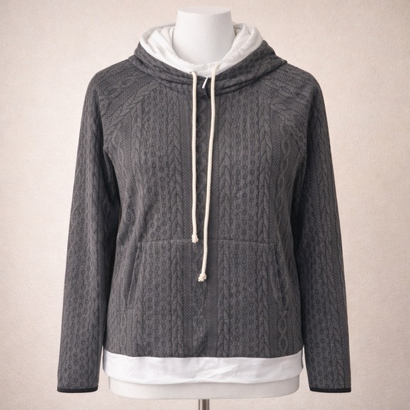 Andthewhy Tops - ANDTHEWHY Womens Charcoal Grey Cable Knit Textured Layered Hoodie Sweatshirt S